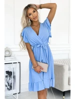455-2 Šaty CORNELIA s volánom, výstrihom a viazaním - MODRÉ