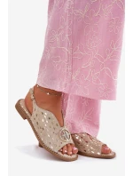 Skórzane Sandały Na Płaskim Obcasie Z Ozdobą S.Barski KV51-094 Złote