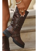 Ocieplane Kozaki Damskie Z Paskami I Klamrami Brązowe Ivaline