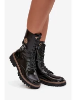 Lakierowane Botki Workery Damskie Ze Złotym Detalem Ocieplane Czarne Dorialine