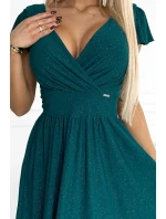 425-6 MATILDE Šaty s výstrihom a krátkymi rukávmi - ZELENÉ s trblietkami