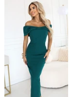 644-1 Zmyselné španielske midi šaty s mašľou vo výstrihu - fľaškovo zelené