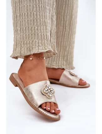 Klapki Damskie Na Płaskim Obcasie Z Ozdobnym Detalem S.Barski KV51-087 Złote