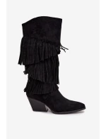 Ocieplane Kozaki Kowbojki Damskie Z Frędzlami Czarne Brivina