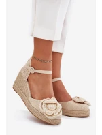 Damskie Sandały Na Koturnie Z Plecionką I Szydełkowym Kwiatem Beżowe Ismilea