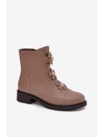 Skórzane Botki Damskie Z Ozdobnymi Kwiatkami Ocieplane Beżowe Belverine