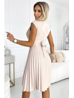 311-14 LILA Plisované šaty s krátkymi rukávmi a opaskom - BEACH