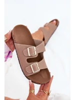 Klapki Damskie Ze Złotymi Klamrami I Przeszyciami Khaki Lunera