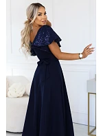 694-4 MIRELLA Elegantné maxišaty so zvonovým strihom a flitrovými rukávmi – tmavomodré 694-4 MIRELLA Elegantné maxišaty so zvonovým strihom a flitrovými rukávmi – tmavomodré