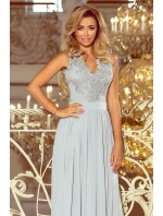 Dlhé dámske šaty v striebornej farbe bez rukávov as vyšívaným výstrihom model 6405966