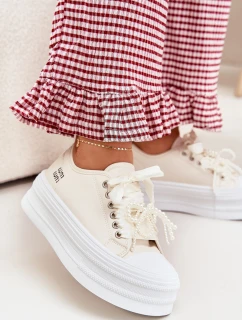 Trampki Damskie Na Platformie Z Ozdobnym Sznurowaniem Beżowe Tivora