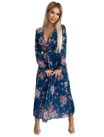519-3 Plisované šifónové dlhé šaty s výstrihom, dlhými rukávmi a opaskom - MODRÉ s kvetmi 519-3 Plisované šifónové dlhé šaty s výstrihom, dlhými rukávmi a opaskom - MODRÉ s kvetmi