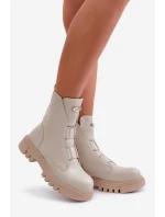 Ocieplane Botki Workery Damskie Na Zamek Eko Skórzane Jasnobeżowe Mailyra