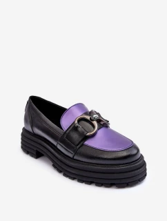 Półbuty Loafersy Damskie Skórzane Na Płaskim Obcasie Czarno-Fioletowe Elkiza