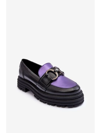 Półbuty Loafersy Damskie Skórzane Na Płaskim Obcasie Czarno-Fioletowe Elkiza