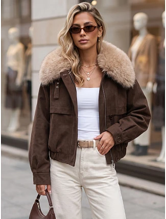 Dámska zimná bunda zo semišu s kožušinou, hnedá, FashionStreet TY5694 Dámska zimná bunda zo semišu s kožušinou, hnedá, FashionStreet TY5694