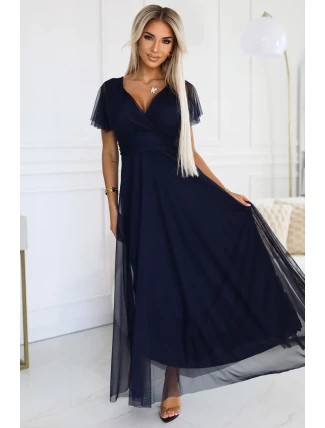 562-1 NASTIA Dlhé šaty s výstrihom a krátkymi rukávmi - ZELENÉ