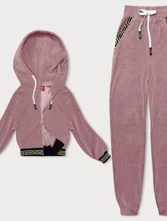 Ružový teplákový rebrovaný komplet s ozdobnými sťahovacími lemami (AMG-345A)