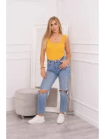 Blúzka bez ramienok s volánikmi v horčicovej farbe
