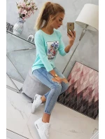 Blúzka s 3D grafikou hodiniek v mätovej farbe