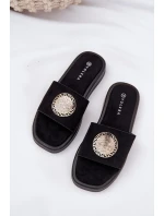 Klapki Damskie Ze Złotą Ozdobą Czarne Kaliora
