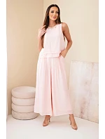 Dámsky viskózový set s tielkom bez rukávov a širokými nohavicami s ozdobným lemom púdrovo ružovej farby