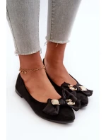 Damskie Eko Zamszowe Baleriny Z Kokardą I Broszką Czarne Satris