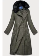 Dlhý kabát v khaki farbe s kožušinovým golierom (20201202)