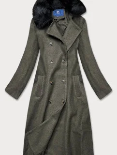 Dlhý kabát v khaki farbe s kožušinovým golierom (20201202)