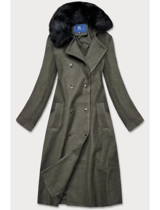 Dlhý kabát v khaki farbe s kožušinovým golierom (20201202)