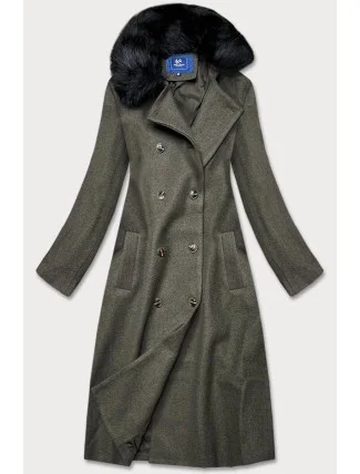 Dlhý kabát v khaki farbe s kožušinovým golierom (20201202)