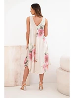 Dámske bavlnené oversize šaty s výstrihom do V a kvetinovou potlačou v béžovej farbe