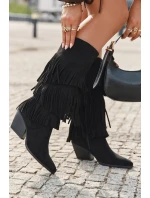 Ocieplane Kozaki Kowbojki Damskie Z Frędzlami Czarne Brivina