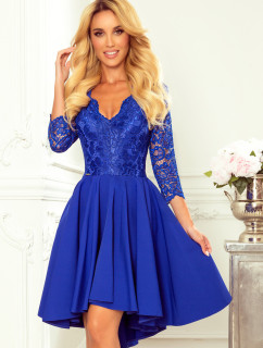 NICOLLE - Svetlo modré dámske šaty s dlhším zadným dielom as čipkovaným výstrihom 210-12