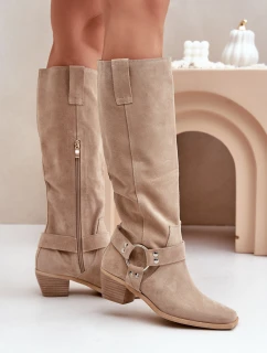 Zamszowe Kozaki Na Niskim Obcasie Z Cholewką Przed Kolano Zazoo 3444/O Jasnobeżowe