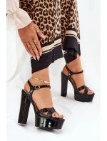 Sandały Damskie Na Wysokim Słupku I Platformie Lakierowane Czarne Jovenes