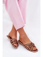 Klapki Damskie Płaskie Z Przeplatającymi Się Paskami Brązowe Acimine