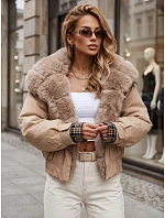 Krátka dámska bunda s odnímateľnou kožušinou, béžová, FashionStreet TY5838 Krátka dámska bunda s odnímateľnou kožušinou, béžová, FashionStreet TY5838