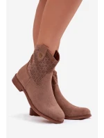 Dámské kotníkové boty na nízkém podpatku s krajkovým vzorem S.Barski HY61-8025 Hnědé