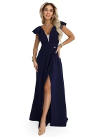 660-1 Elegantné maxi šaty s volánmi, hlbokým výstrihom a rozparkom na nohách - tmavomodré