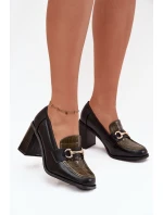 Półbuty Damskie Na Słupku Z Tłoczeniem I Złotym Detalem Zielono-Czarne Novella