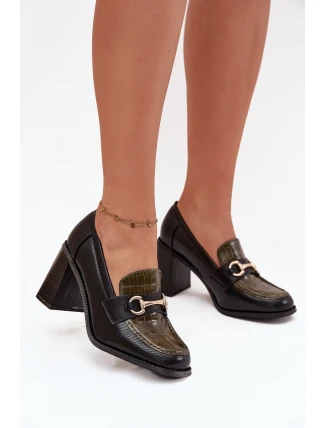 Półbuty Damskie Na Słupku Z Tłoczeniem I Złotym Detalem Zielono-Czarne Novella