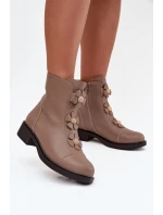 Skórzane Botki Damskie Z Ozdobnymi Kwiatkami Ocieplane Beżowe Belverine