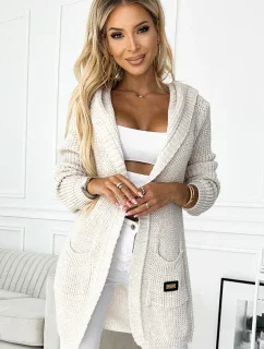488-1 Cardigan - Kapucňa s vreckami a nášivkami - béžová