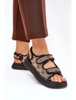 Damskie Wzorzyste Materiałowe Sandały Ze Złotymi Detalami Beżowo-Czarne Pefese