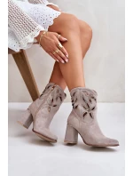 Zamszowe Ażurowe Botki Na Słupku Lewski 3629 Cappucino