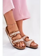 Materiałowe Klapki Damskie Na Korkowej Platformie Z Klamrami Camel Osoffe