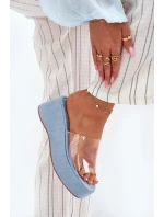 Klapki Damskie Z Transparentnym Paskiem Na Koturnie Jeansowe Meltiana