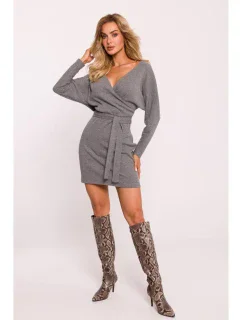 M819 Zavinovacie šaty z rebrového úpletu - sivý melír