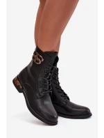 Skórzane Botki Damskie Na Płaskim Obcasie Z Ozdobą Ocieplane Artiker 57C1064 Czarne